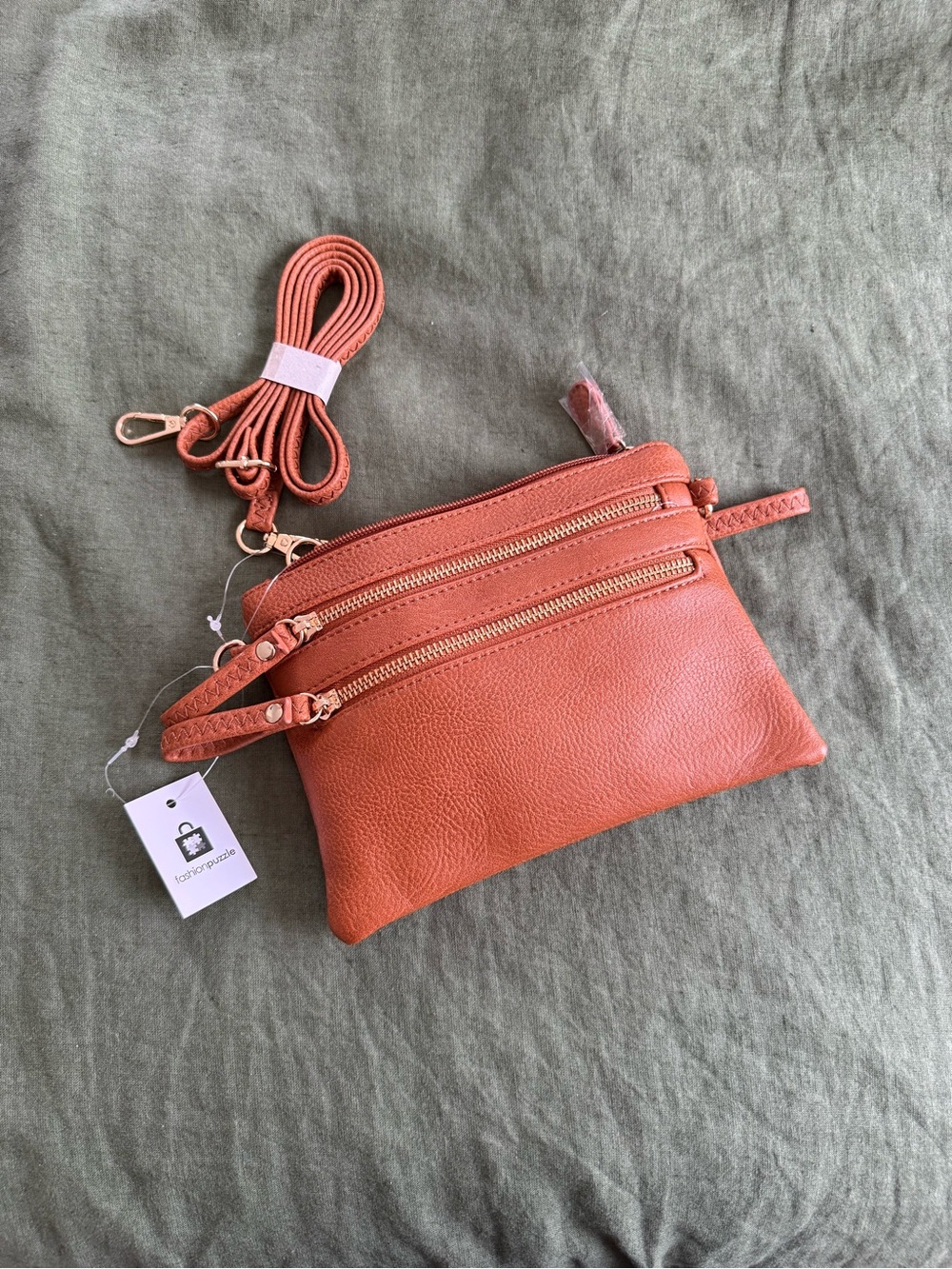 Pebble Leather Multi-Zip Crossbody in Chestnut Brown NWT